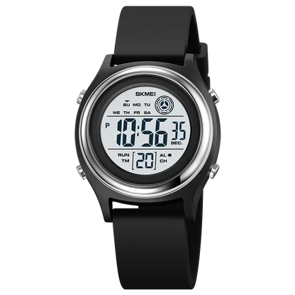 Black digital watch with a white face on a white background