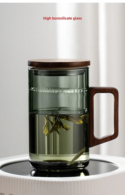 Glass Coffee Mug with Wooden Handle – Transparent Tea Cup Kitchen Coffeeware