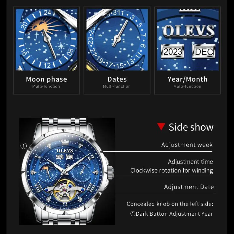 OLEVS 6689 Automatic Watch for Men Starry Sky Tourbillon Design Moon Phase Date Stainless steel Luminous Waterproof Wristwatch