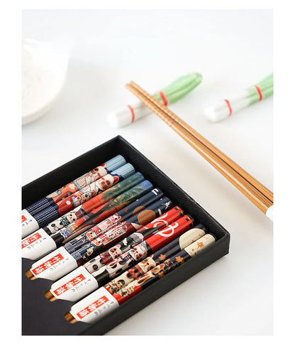 5-Pair Cute Multi-Color Bamboo Chopsticks Set – Non-Slip Household Wooden Tableware