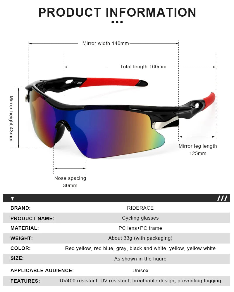 RIDERACE Cycling Sunglasses – UV400 Road & MTB Bike Protection Goggles Unisex