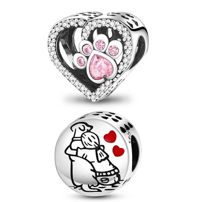 925 Sterling Silver Dog Paw Heart Zircon Charm – Pink Pet DIY Jewelry