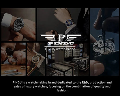 Collage of luxury watch brand PINDU with close-ups of watches and workshop scenes.