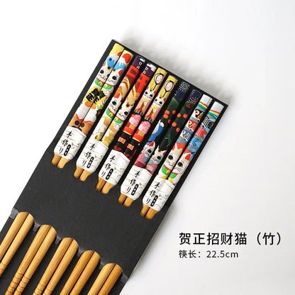 5-Pair Cute Multi-Color Bamboo Chopsticks Set – Non-Slip Household Wooden Tableware