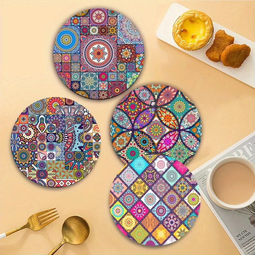 Mandala Wooden Placemats Set – 4pcs Durable Heat-Resistant Non-Slip Table Mats for Home & Office