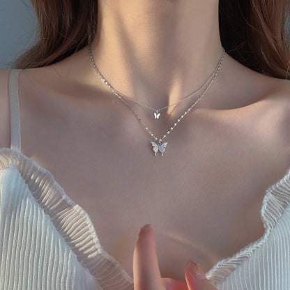 Double Layer Butterfly Collarbone Necklace – Light Luxury Stainless Steel Pendant for Women