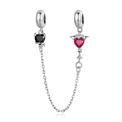 925 Sterling Silver Safety Chain Charm – Heart, Key & Flower CZ Stopper Bead
