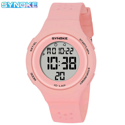 Pink digital watch with SYNOKE branding on a white background