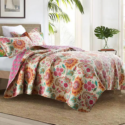 100% Cotton Quilted Bedspread – Rural Retro Bed Cover with Pillowcases for Queen & King Size