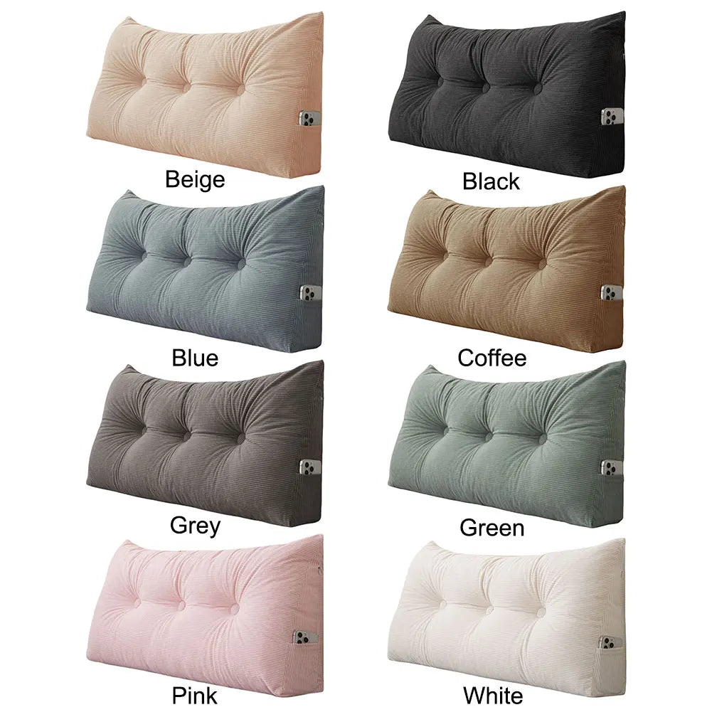Corduroy Wedge Triangle Headboard Bolster Pillow 100x40x12cm – Back Support Reading Cushion with Side Pockets