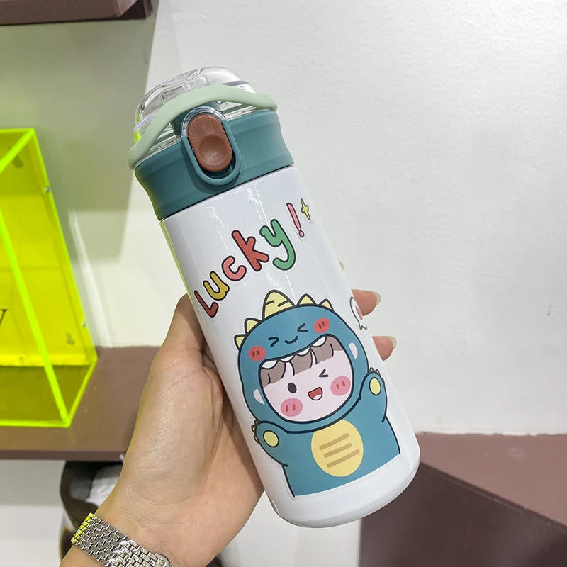 480ML Cute Thermos Bottle with Straw – Portable Kids Stainless Steel Thermal Mug
