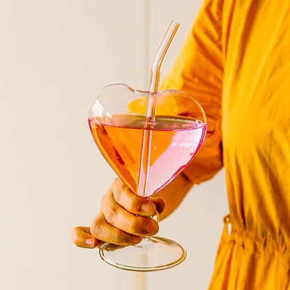 Heart-Shaped Glass Cup with Straw – 220ml Crystal Juice & Wine Glass