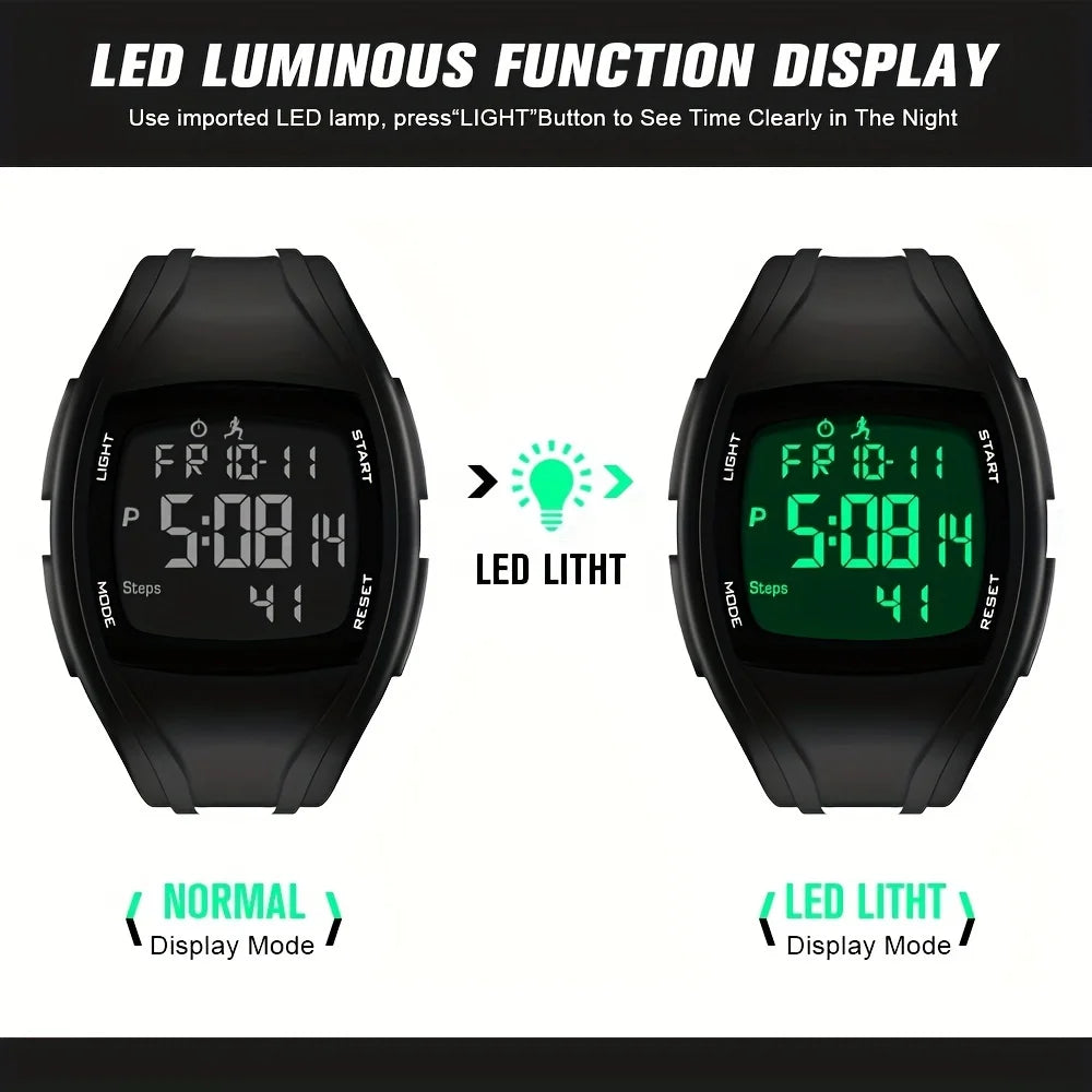 Two digital watches showing normal and LED luminous display modes with text explaining the feature.