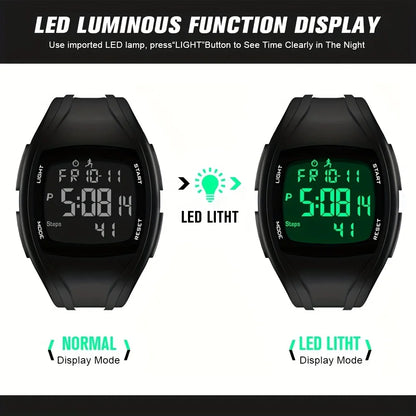 Two digital watches showing normal and LED luminous display modes with text explaining the feature.