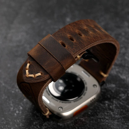 Handmade Vintage Crazy Horse Leather Bracelet 40MM 44MM 45MM 49MM Fits Apple Watch S8 Ultra Folded Thick Brown Strap - BeeTrendyShop.COM