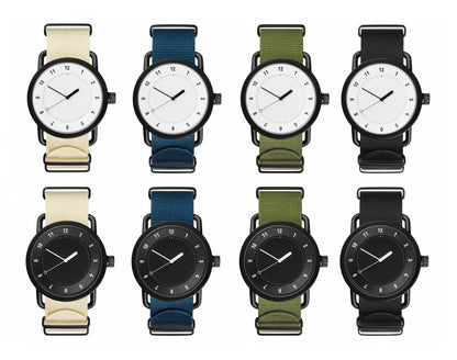 Nine watches with different colored straps on a white background