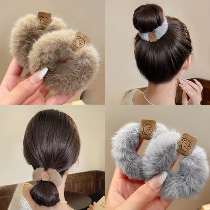 Korean Plush Bear Scrunchies - High Elastic Hair Ties - BeeTrendyShop.COM