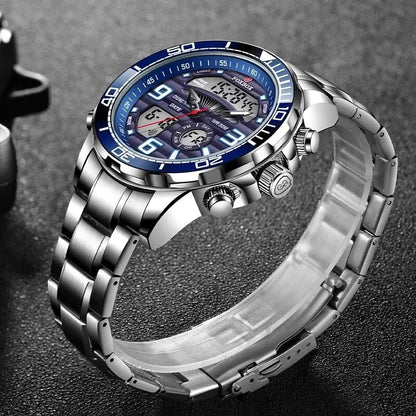 Silver wristwatch with a detailed face on a dark textured surface