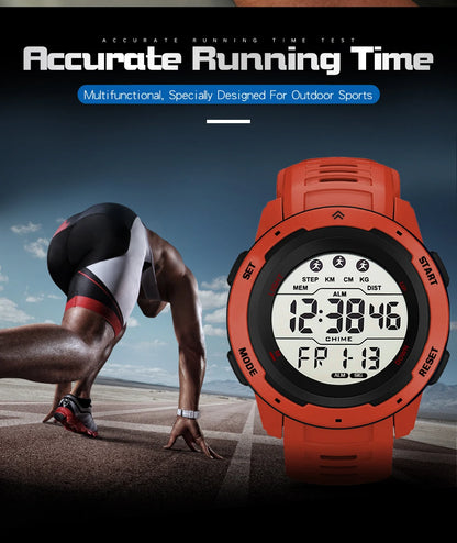 Orange digital watch with running man on a track, emphasizing accurate running time.