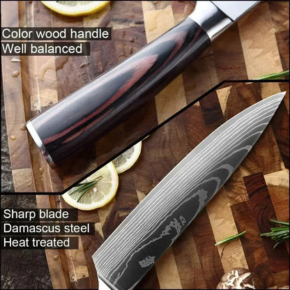 Laser Damascus Kitchen Knife Set – Cleaver, Santoku, Bread, Boning & Kitchen Scissors