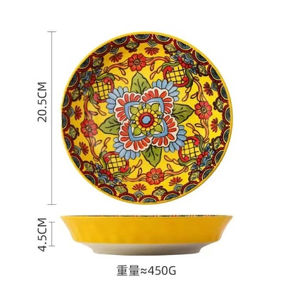 8-Inch Bohemian Ceramic Steak & Dinner Plate – Vintage Floral Dinnerware for Home & Restaurant