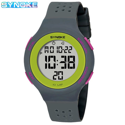 Digital watch with gray strap and green display on a white background