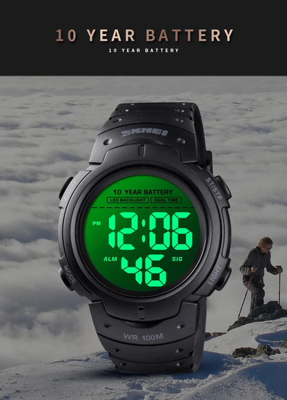 Men's Outdoor Digital Watch – 100M Waterproof, LED, 10-Year Battery, Alarm & Date Display