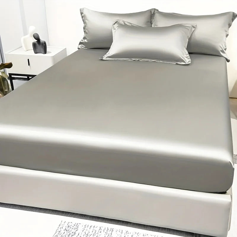 Modern Satin Ice Silk Solid Color Fitted Sheet – Smooth Bedroom Bedspread (Excluding Pillowcases)
