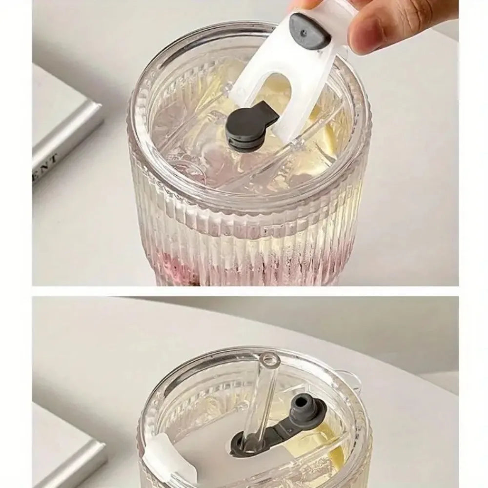 600ML Stripe Glass Cup with Lid & Straw – Transparent Juice Iced Coffee Mug