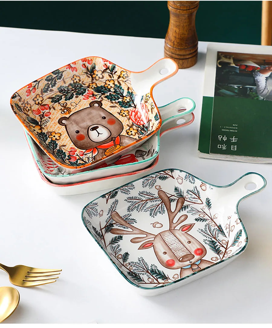 Ceramic Bakeware With Handle Forest Animals Baking Pan  Underglaze  Kitchen Tableware Salad Bowl Au Gratin Dishes