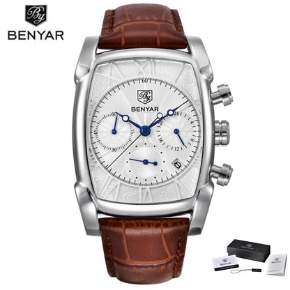 Relogio Masculino Mens Watches Top Luxury Brand BENYAR Chronograph Leather Quartz Watch Men Military Sport Rectangle Wristwatch - BeeTrendyShop.COM