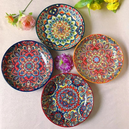 8-Inch Bohemian Ceramic Steak & Dinner Plate – Vintage Floral Dinnerware for Home & Restaurant