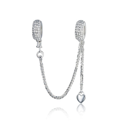 925 Sterling Silver Safety Chain Charm – Heart, Key & Flower CZ Stopper Bead