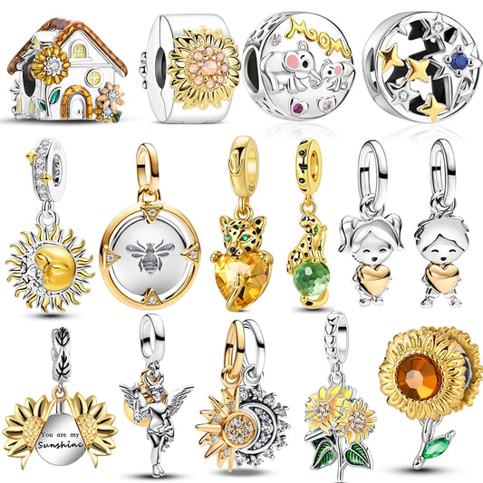 New 925 Sterling Silver Two Tone Golden Sunflower Lucky Stars Charm Fit Bracelet & Necklace Sun Moon Diamond Charm Jewelry DIY