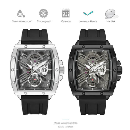 Two black watches with a transparent face on a white background, featuring watch functionalities.