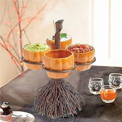Halloween Pumpkin Snack & Dessert Tray – Party Buffet Display Rack with Witch Bowl & Cake Stand