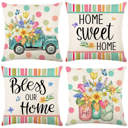 4-Piece Floral Linen Throw Pillow Cases – Square Waist Protection Cushion Covers for Sofa & Bed 45x45CM
