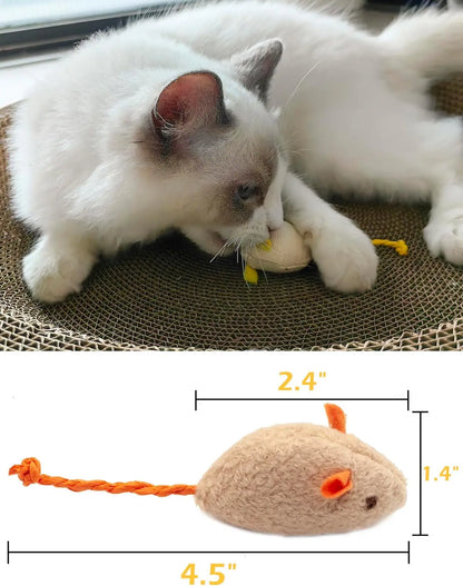 Cat playing with a toy mouse on a textured surface, with measurements of the toy displayed below.