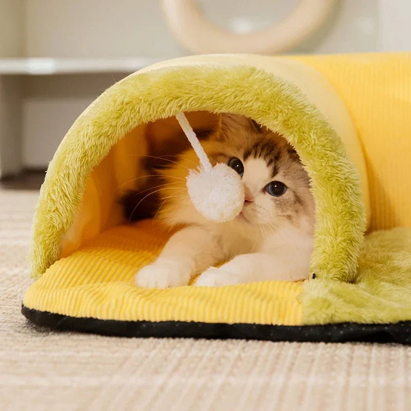 2-in-1 Cat Tunnel & Bed - Detachable Warm House with Non-Slip Play Mat