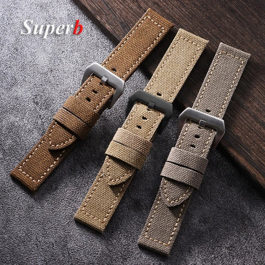 Canvas Leather Watchband for Panerai 20 22 24mm Black Brown Denim Thick Retro Strap Military Watchband Men Women Wristbelt