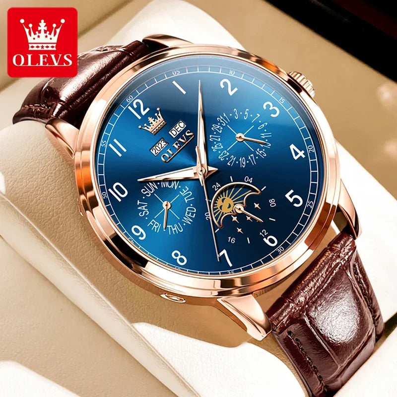 Olevs 6698 automatic watch luxury leather strap calendar waterproof luminous moon phase mechanical watch men