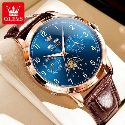Luxury watch with blue dial and brown leather strap on a beige cushion, featuring OLEVS branding.