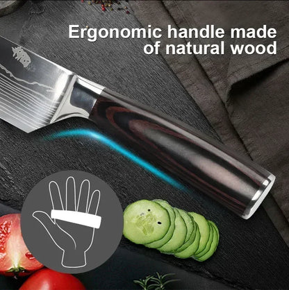 Laser Damascus Kitchen Knife Set – Cleaver, Santoku, Bread, Boning & Kitchen Scissors
