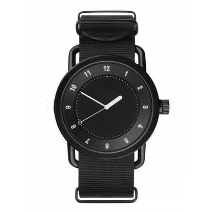 Black wristwatch with a black strap on a white background