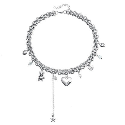 Y2K Heart Pendant Multilayer Choker Necklace – Glass & Zinc Alloy Women’s Jewelry