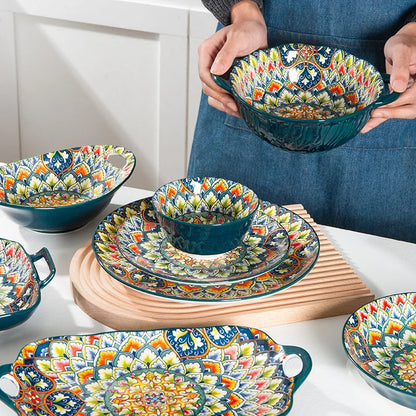 Bohemian Retro Ceramic Dinner Plate Set – Household Tableware with Salad & Soup Bowls