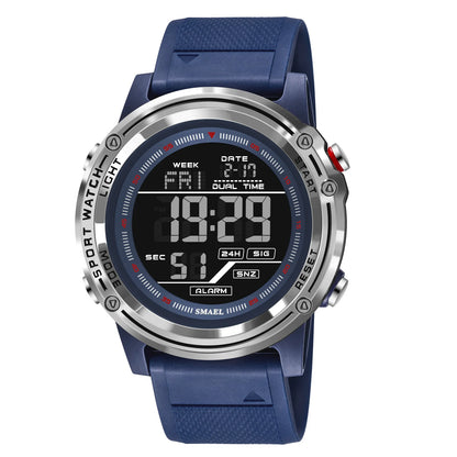 Blue digital sports watch with a white background