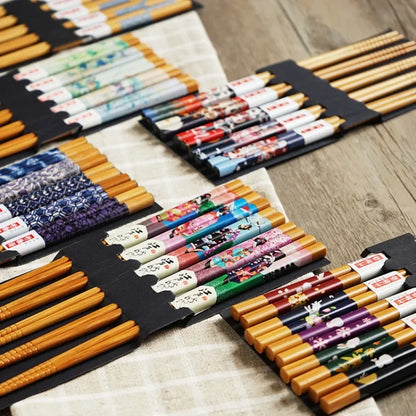 5-Pair Cute Multi-Color Bamboo Chopsticks Set – Non-Slip Household Wooden Tableware