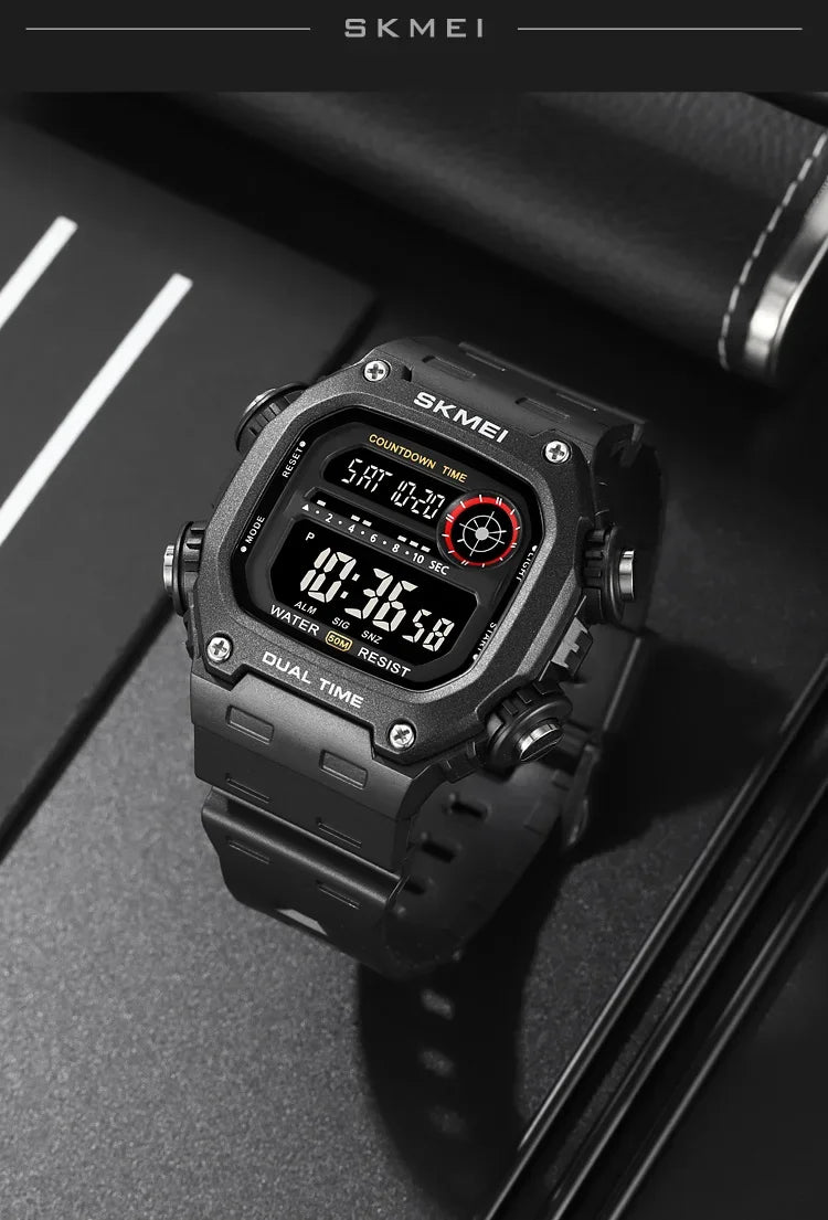 Black digital watch with dual time display on a dark background, featuring the brand 'SKMEI'.