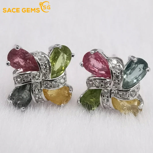 SACE GEMS fashion Earring for Women 100% 925 Sterling Silver Tourmaline Stud Earrings Wedding Party Fine Jewelry Eardrop gift